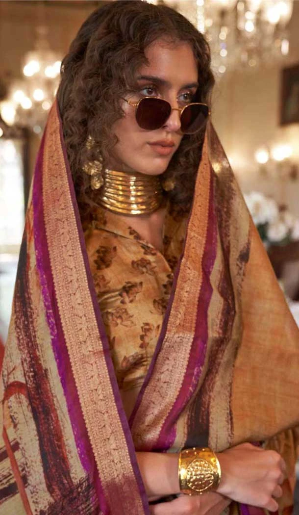 Viscose Mulai Silk Printed Party Wear Saree In Khaki Color - 10687195463