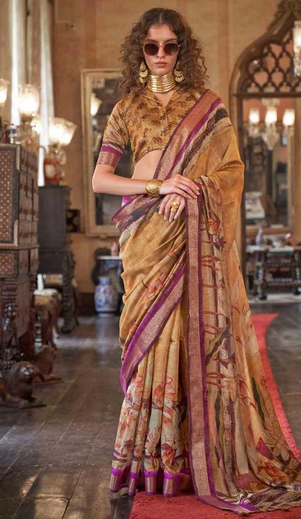 Viscose Mulai Silk Printed Party Wear Saree In Khaki Color - 10687195463