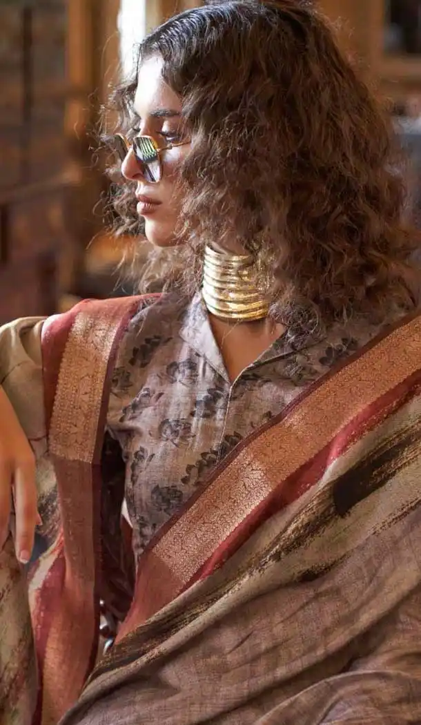 Viscose Mulai Silk Printed Party Wear Saree In Grey And Purple - 10687195464