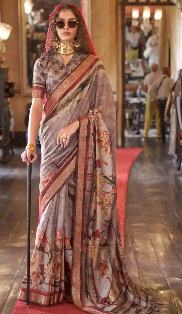 Viscose Mulai Silk Printed Party Wear Saree In Grey And Purple - 10687195464