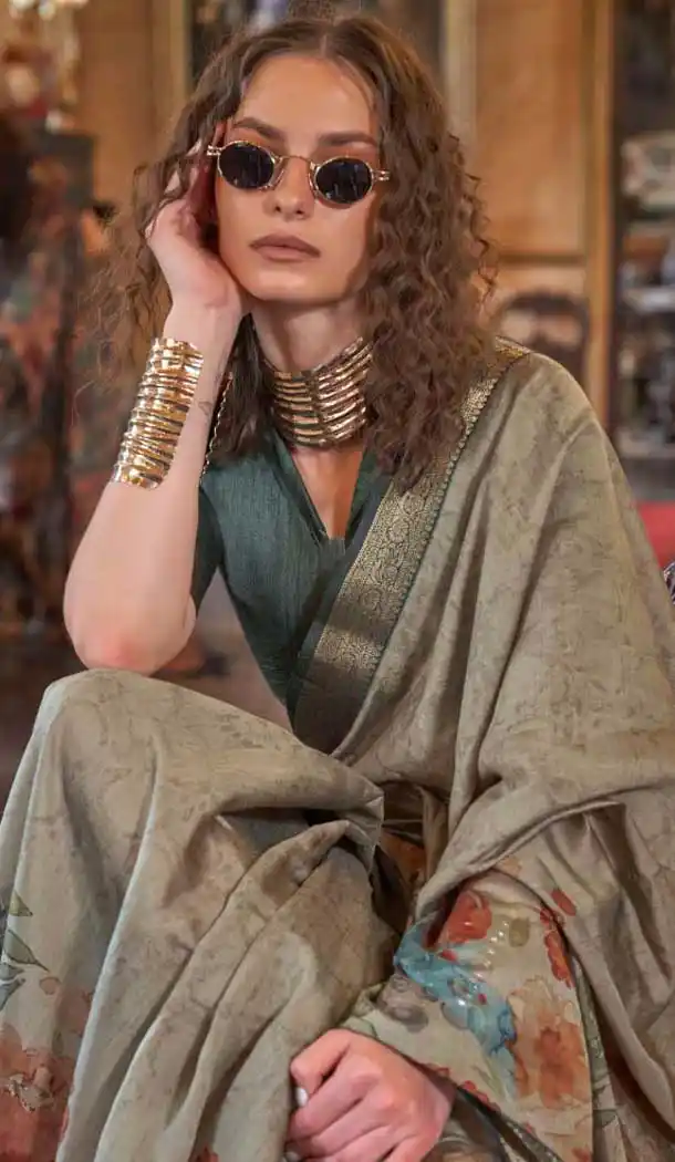 Viscose Mulai Silk Printed Party Wear Saree In Grey - 10687195466