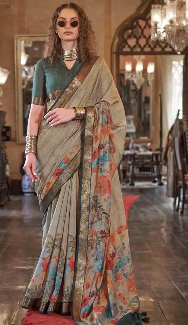 Viscose Mulai Silk Printed Party Wear Saree In Grey - 10687195466