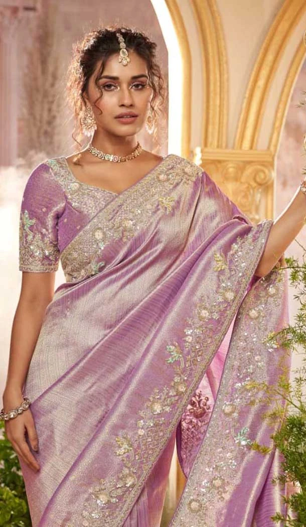 Pure Banarasi Embroidered Wedding Wear Saree In Lavender - 10688195467