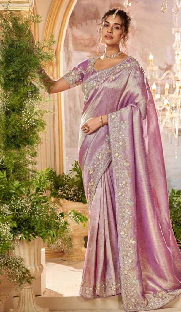 Pure Banarasi Embroidered Wedding Wear Saree In Lavender - 10688195467