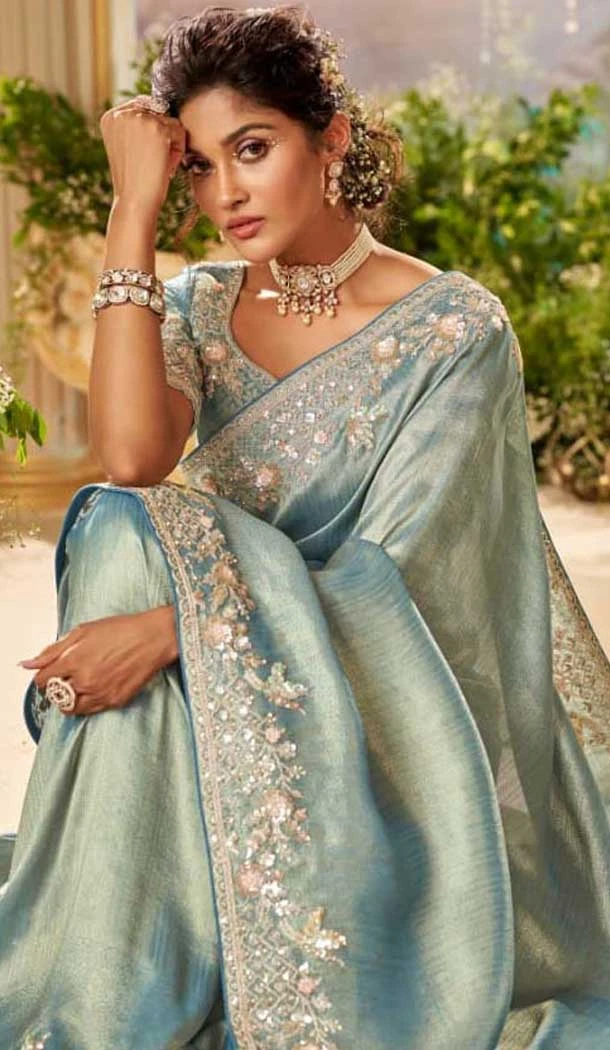 Pure Banarasi Embroidered Wedding Wear Saree In Aqua Blue - 10688195468