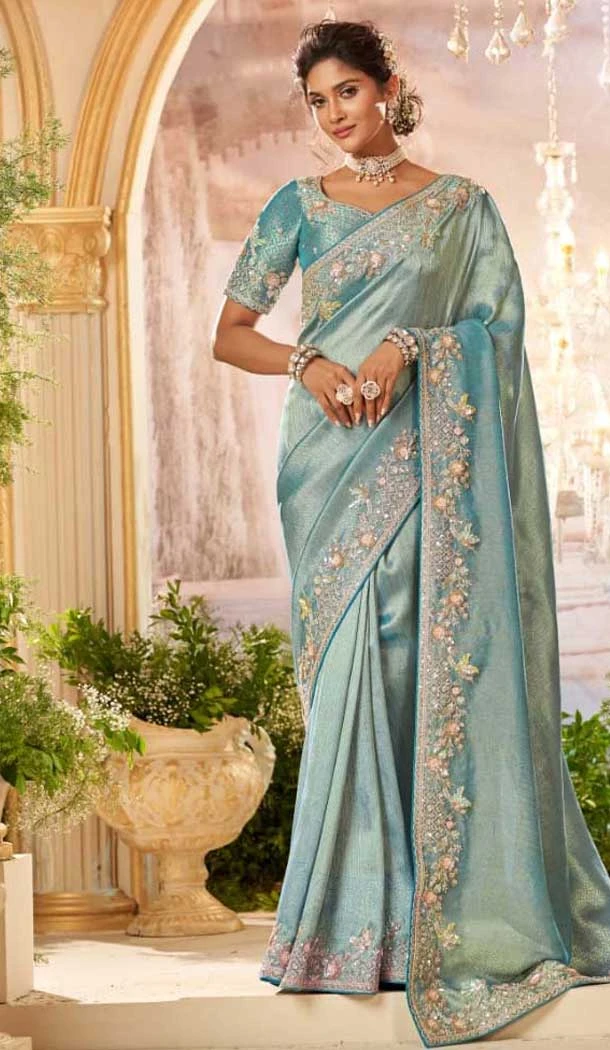 Pure Banarasi Embroidered Wedding Wear Saree In Aqua Blue - 10688195468