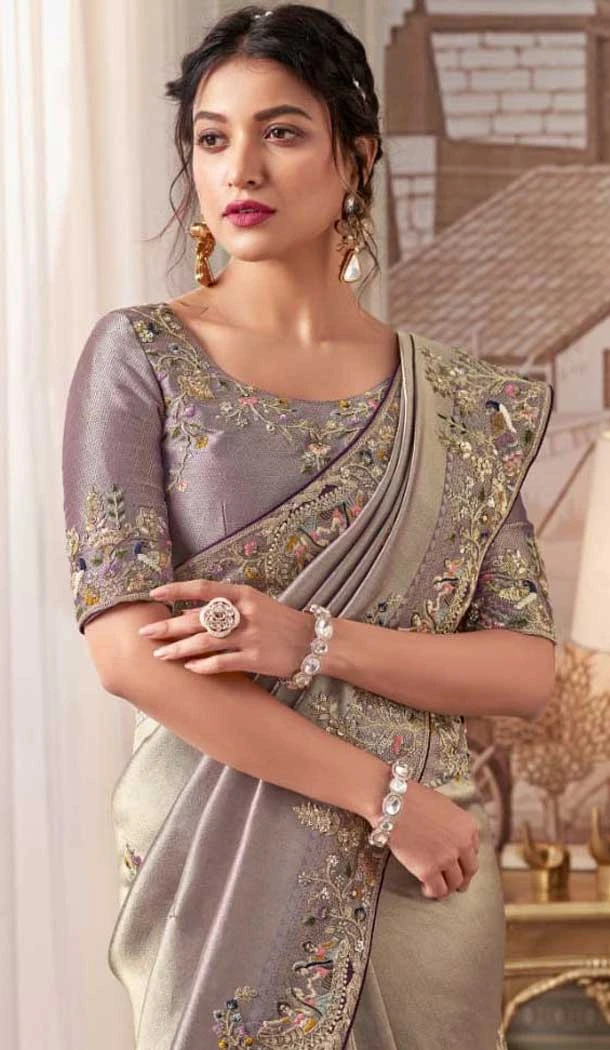 Pure Banarasi Embroidered Wedding Wear Saree In Grey - 10688195470