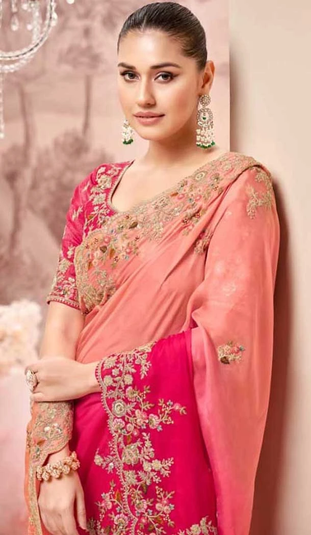 Pure Banarasi Embroidered Wedding Wear Saree In Pink - 10688195471