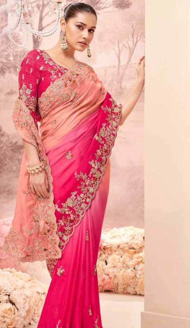 Pure Banarasi Embroidered Wedding Wear Saree In Pink - 10688195471
