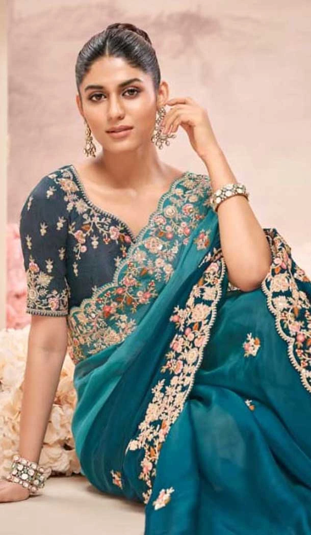 Pure Banarasi Embroidered Wedding Wear Saree In Teal Blue - 10688195472