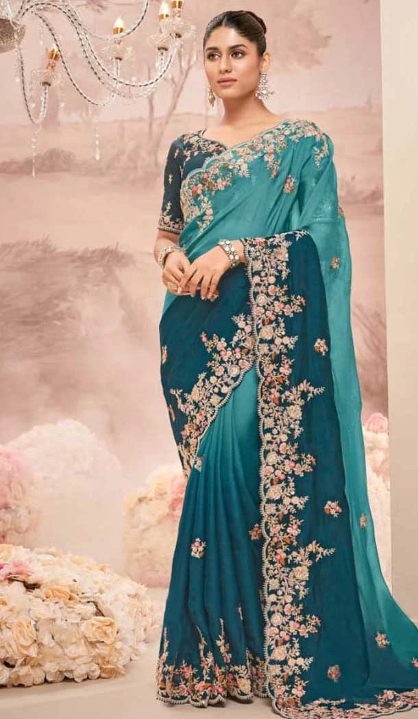 Pure Banarasi Embroidered Wedding Wear Saree In Teal Blue - 10688195472