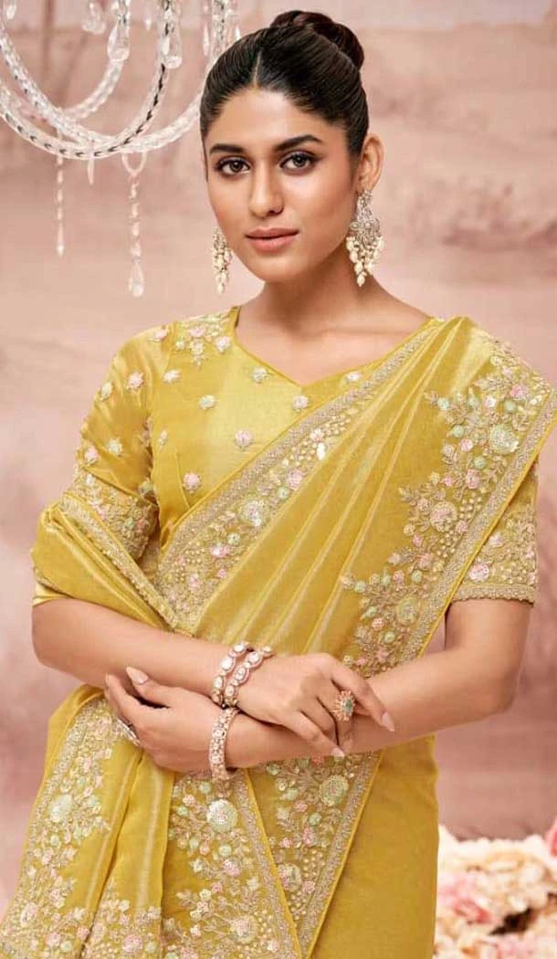 Pure Banarasi Embroidered Wedding Wear Saree In Mustard - 10688195473