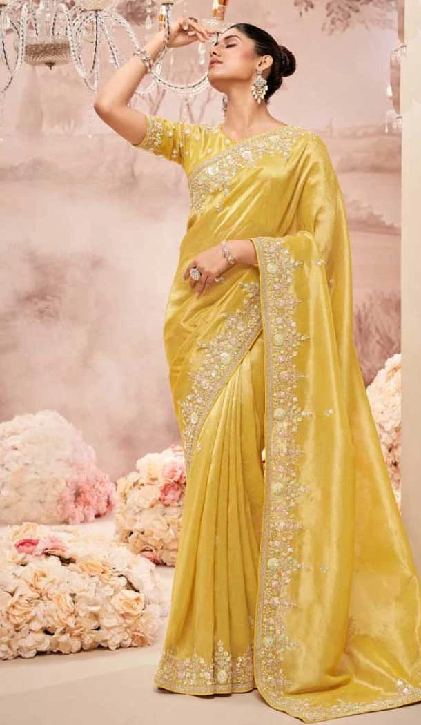 Pure Banarasi Embroidered Wedding Wear Saree In Mustard - 10688195473