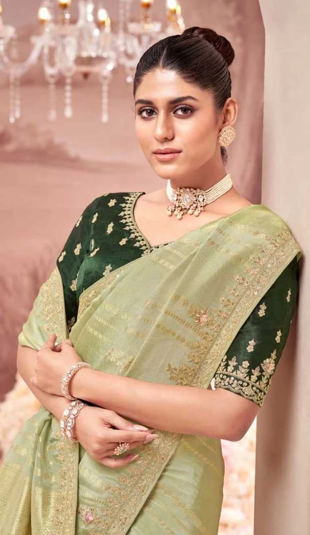 Pure Banarasi Embroidered Wedding Wear Saree In Pista Green - 10688195475