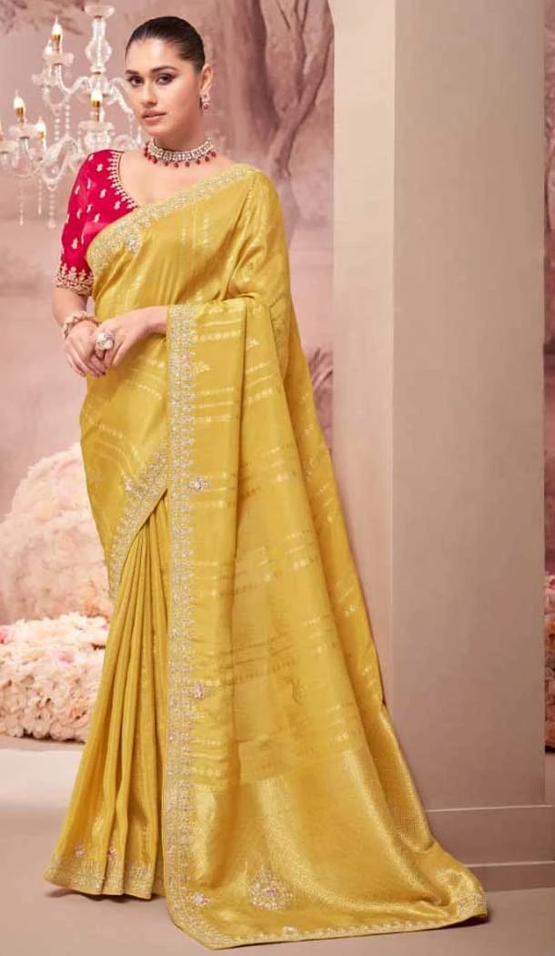 Pure Banarasi Embroidered Wedding Wear Saree In Yellow - 10688195476