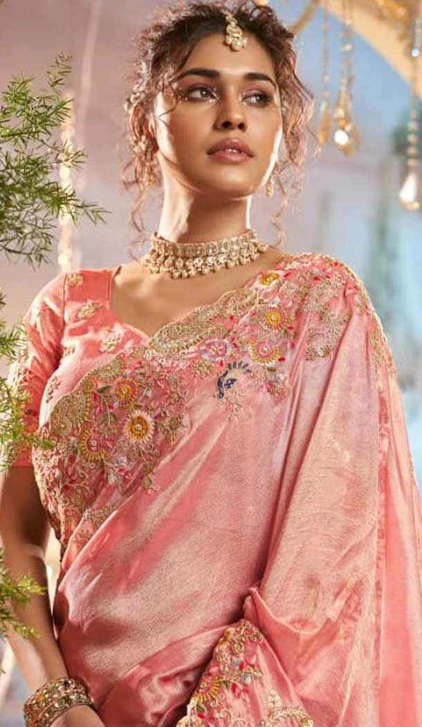 Pink Pure Banarasi Embroidered Wedding Wear Saree - 10688195479