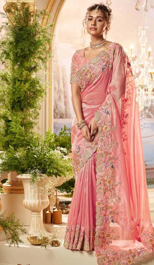 Pink Pure Banarasi Embroidered Wedding Wear Saree - 10688195479