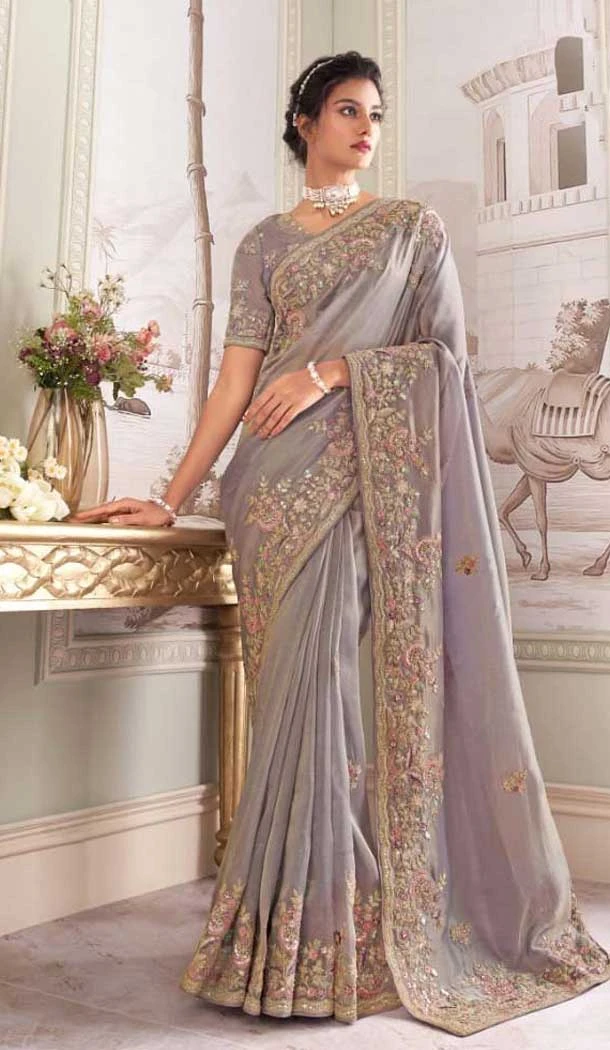 Grey Pure Banarasi Embroidered Wedding Wear Saree - 10688195482 Grey Pure Banarasi Embroidered Wedding Wear Saree - 10688195482