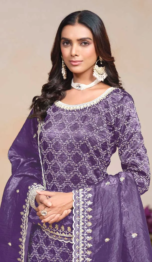 Purple Gold Crush Resham Work Party Wear Palazzo Suit - 10660195299