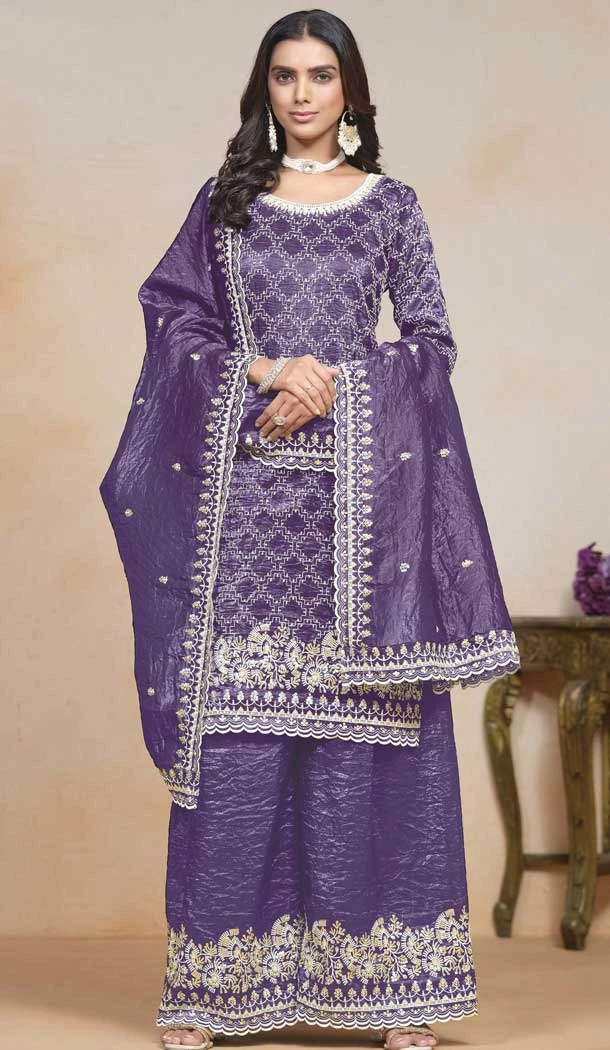 Purple Gold Crush Resham Work Party Wear Palazzo Suit - 10660195299