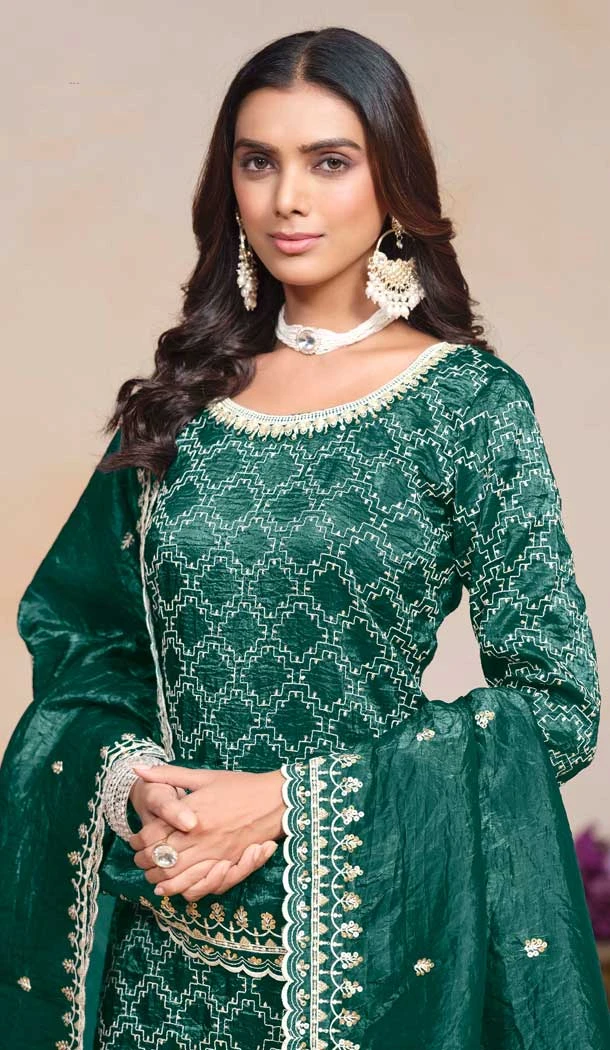 Teal Blue Gold Crush Resham Work Party Wear Palazzo Suit - 10660195300
