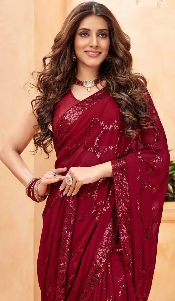 Maroon Faux Georgette Sequence Work Party Wear Saree - 10661195302