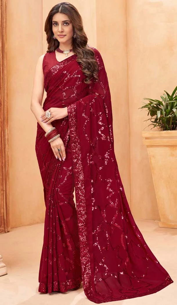 Maroon Faux Georgette Sequence Work Party Wear Saree - 10661195302