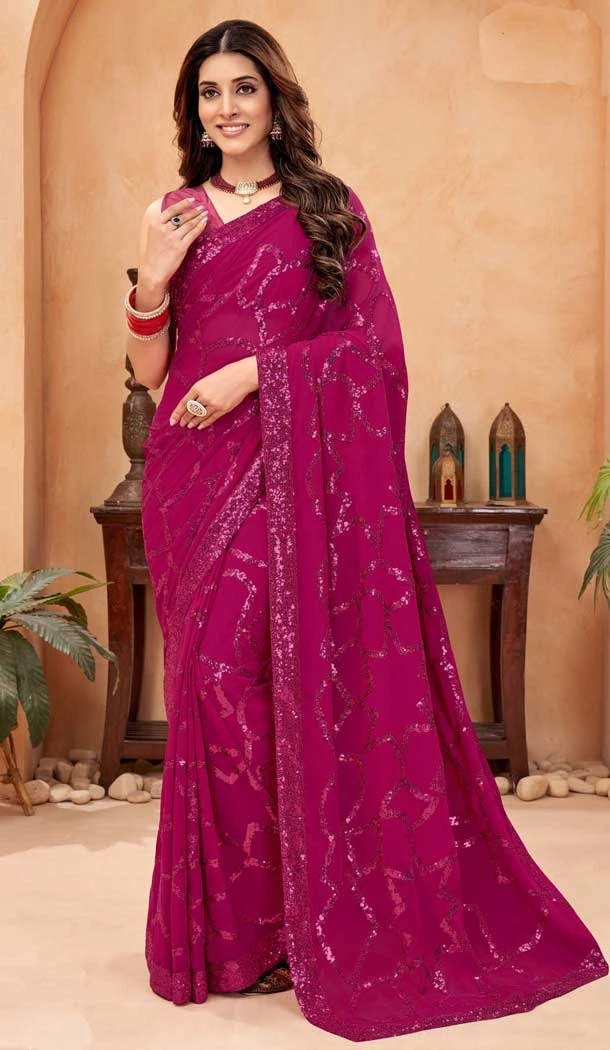 Wine Color Faux Georgette Sequence Work Party Wear Saree - 10661195303