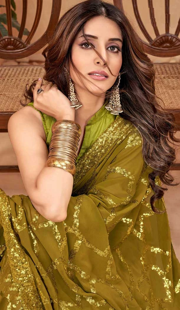 Mehendi Green Faux Georgette Sequence Work Party Wear Saree - 10661195304