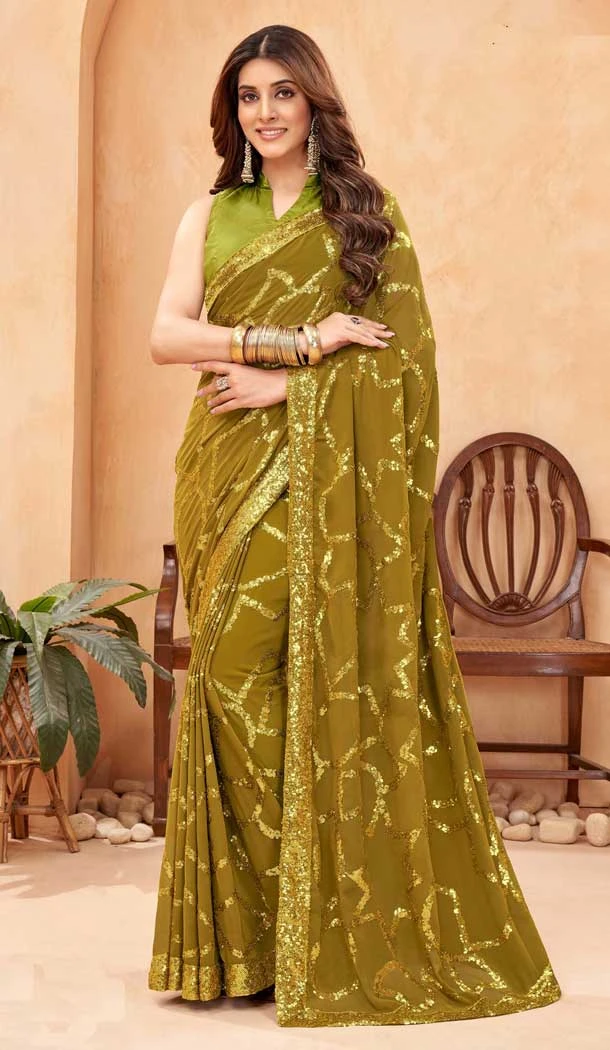 Mehendi Green Faux Georgette Sequence Work Party Wear Saree - 10661195304