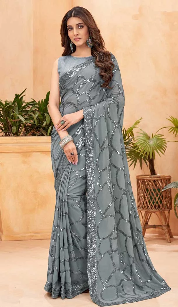Grey Faux Georgette Sequence Work Party Wear Saree - 10661195305