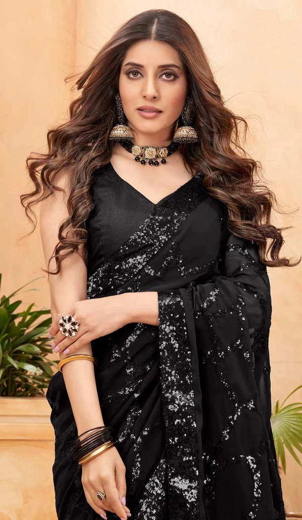 Black Faux Georgette Sequence Work Party Wear Saree - 10661195306