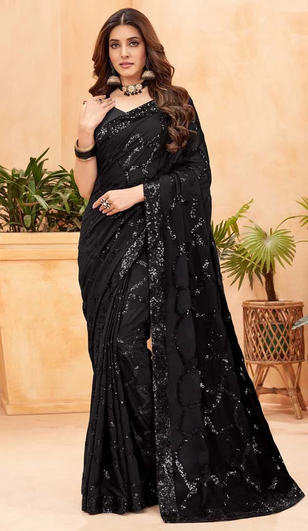 Black Faux Georgette Sequence Work Party Wear Saree - 10661195306