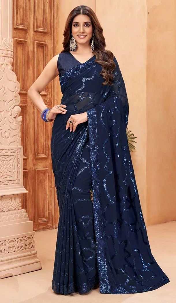 Navy Blue Faux Georgette Sequence Work Party Wear Saree - 10661195307