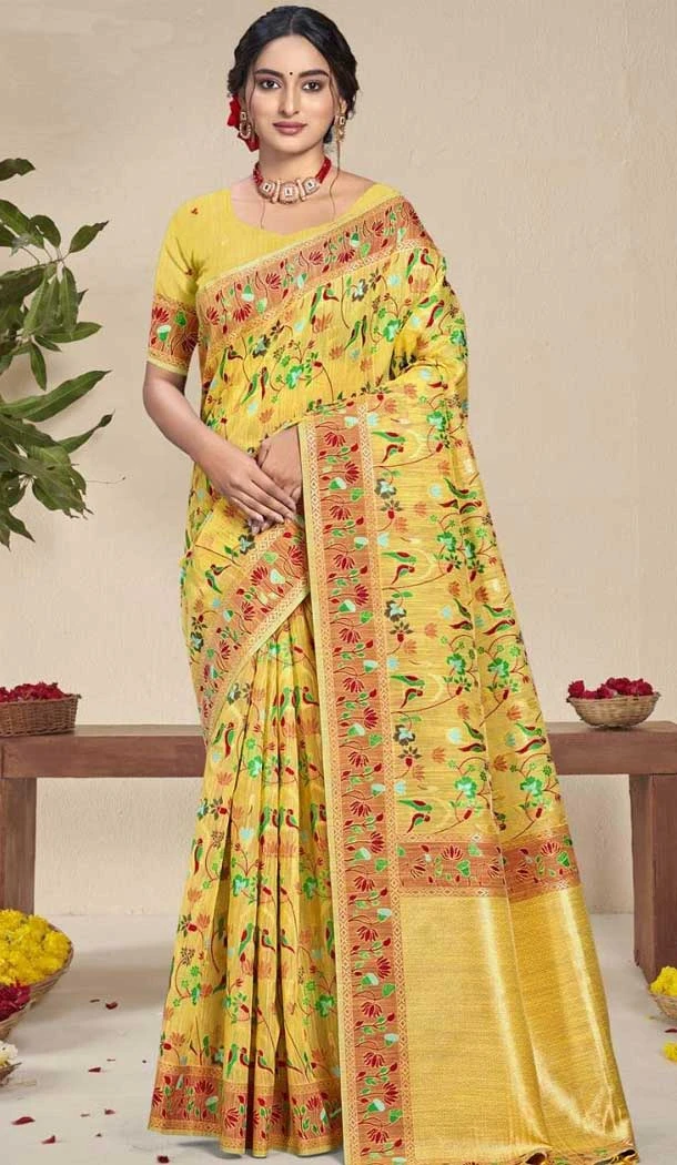 Silk Thread Work Traditional Wear Saree In Yellow - 10689195485