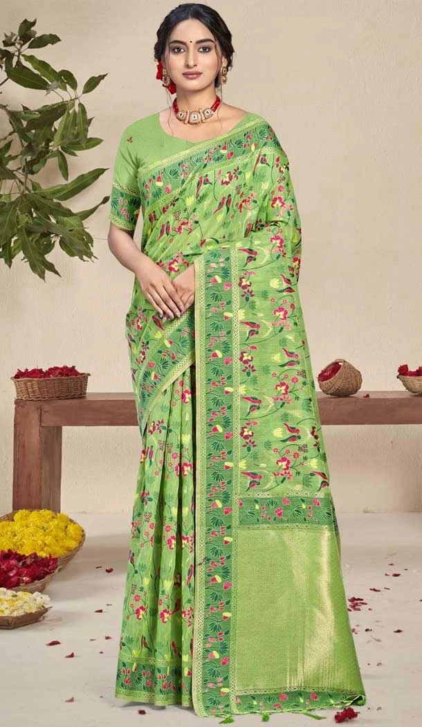 Silk Thread Work Traditional Wear Saree In Green - 10689195487