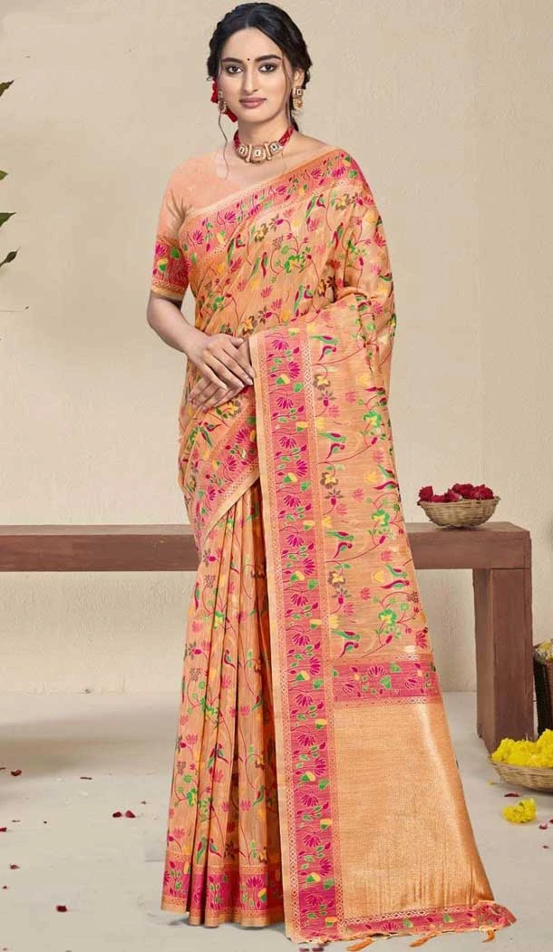 Silk Thread Work Traditional Wear Saree In Peach - 10689195488