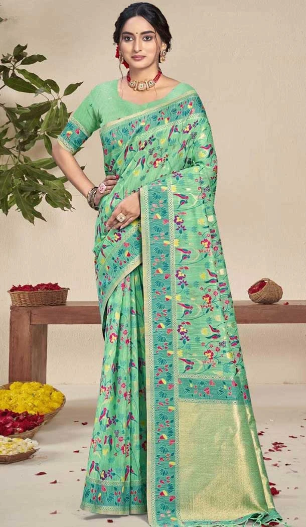 Silk Thread Work Traditional Wear Saree In Sky Blue - 10689195489