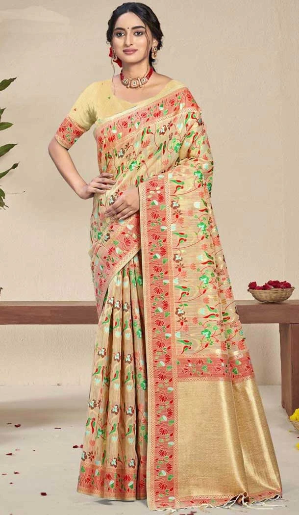 Silk Thread Work Traditional Wear Saree In Light Yellow - 10689195490