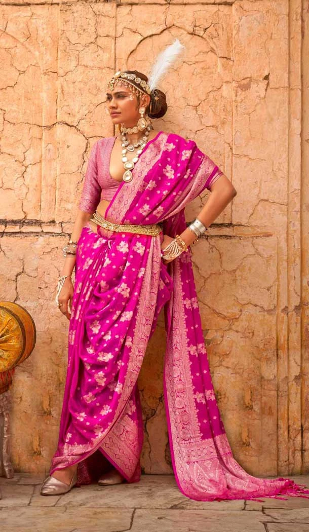 Rani Pink Georgette Zari Woven Work Party Wear Saree - 10690195491