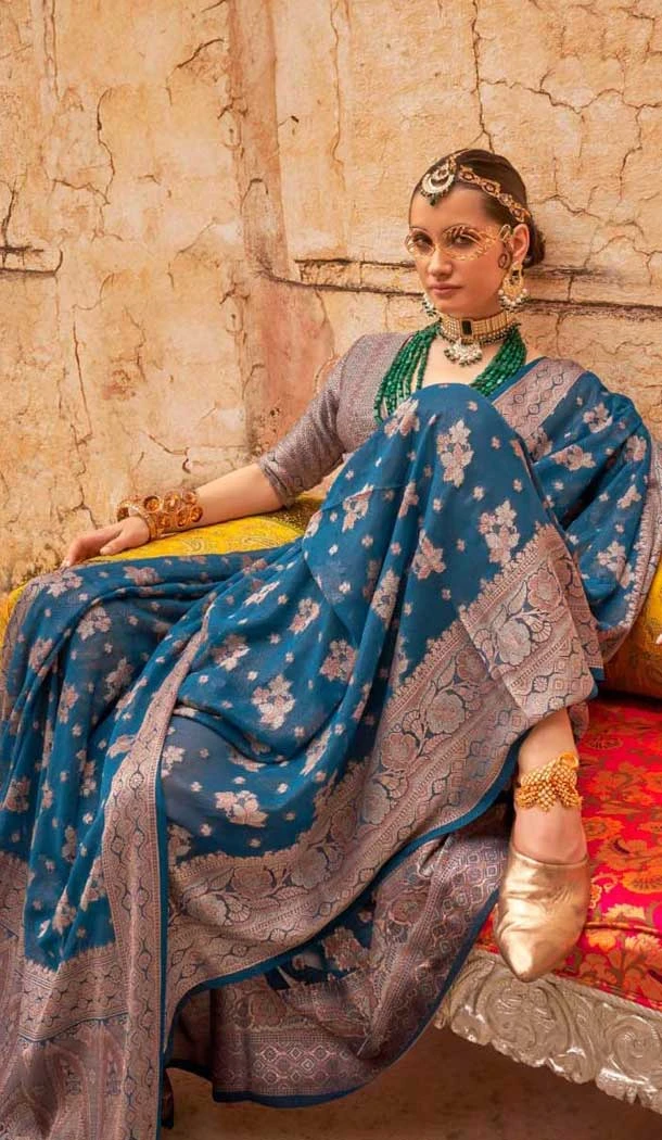 Teal Blue Color Georgette Zari Woven Work Party Wear Saree - 10690195492