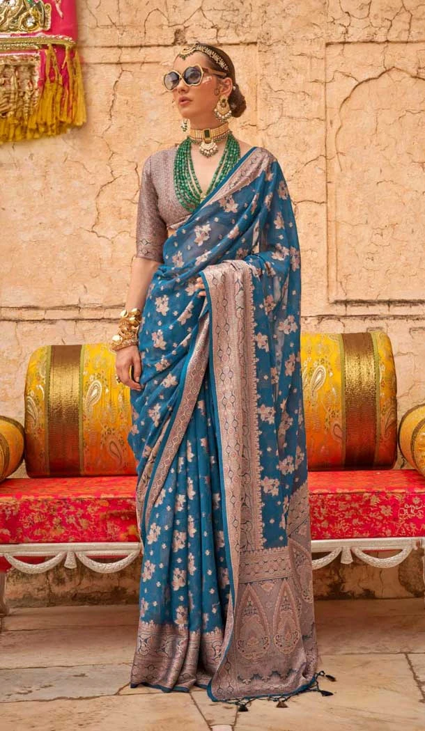 Teal Blue Color Georgette Zari Woven Work Party Wear Saree - 10690195492