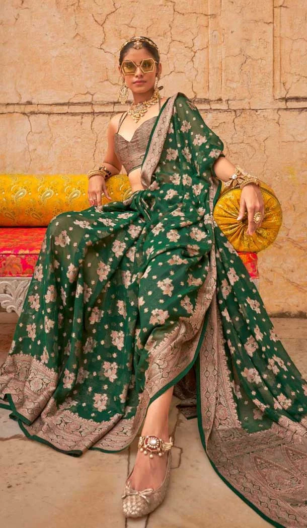 Green Georgette Zari Woven Work Party Wear Saree - 10690195493