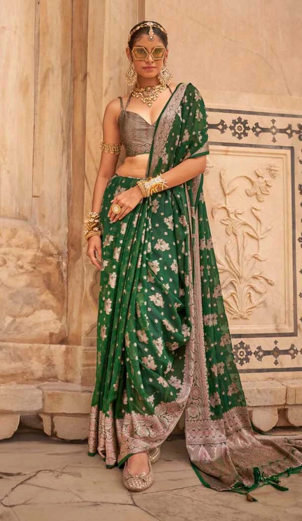 Green Georgette Zari Woven Work Party Wear Saree - 10690195493