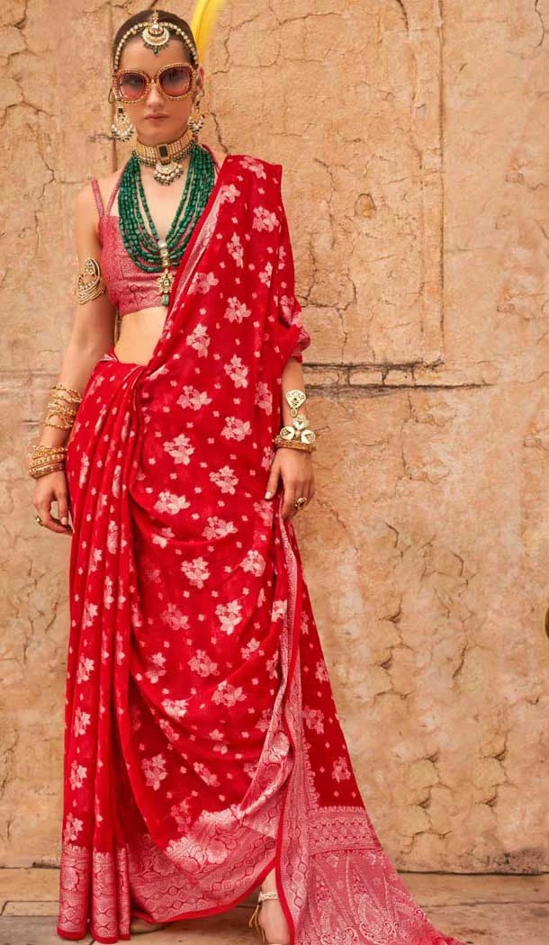 Red Georgette Zari Woven Work Party Wear Saree - 10690195494