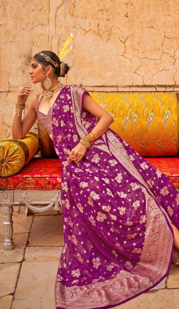 Purple Georgette Zari Woven Work Party Wear Saree - 10690195496