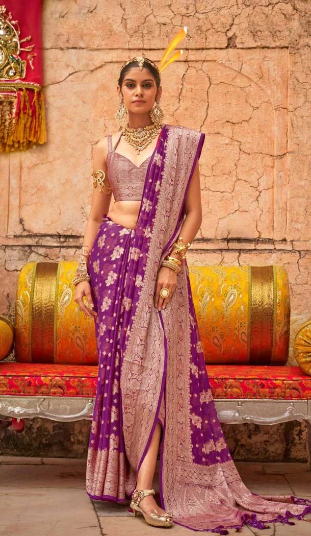 Purple Georgette Zari Woven Work Party Wear Saree - 10690195496