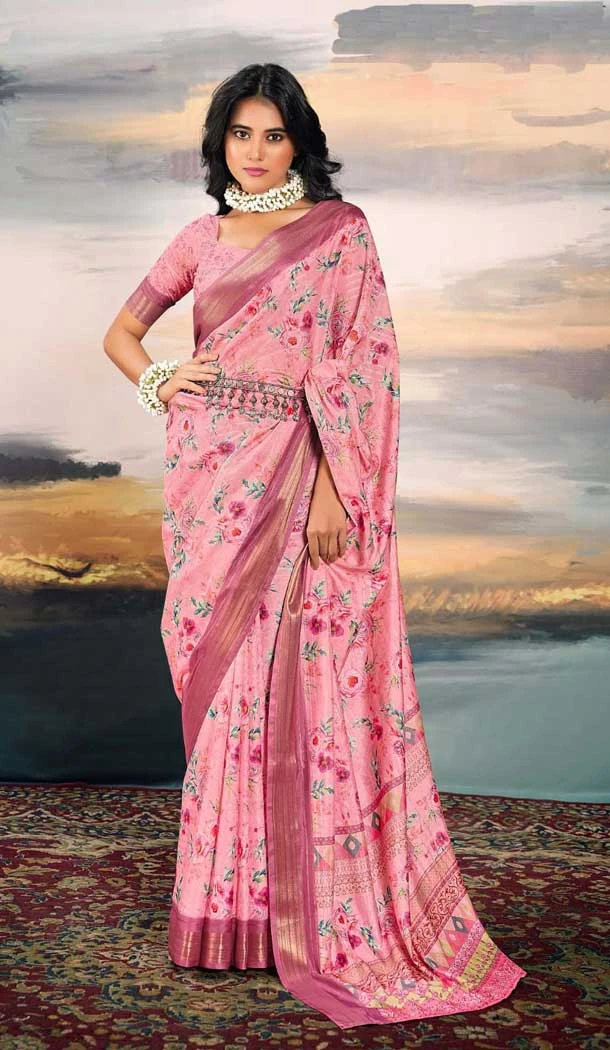 Cotton Silk Printed Casual Wear Saree In Pink - 10691195497