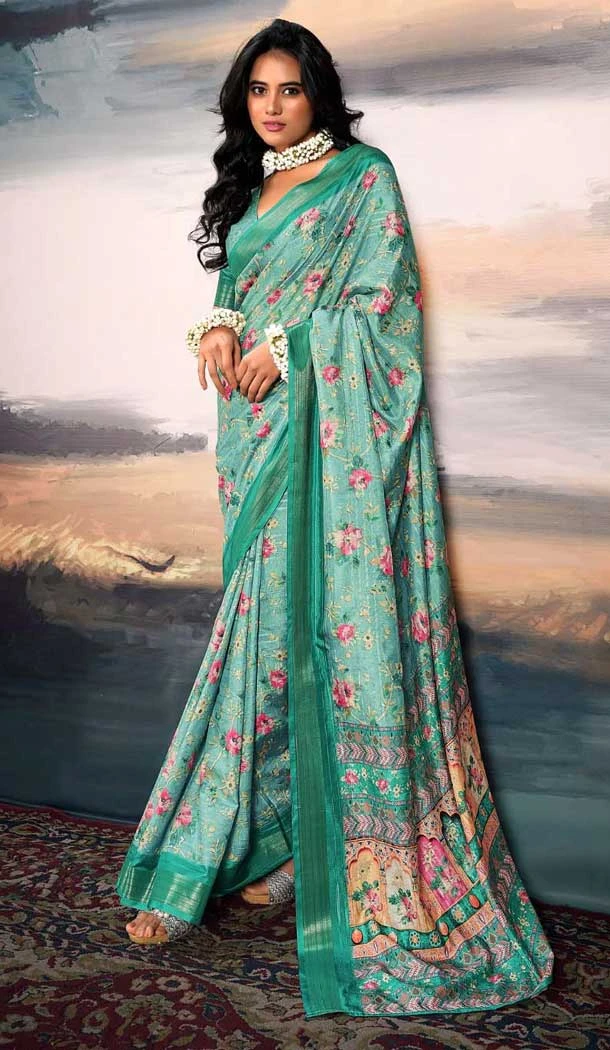 Cotton Silk Printed Casual Wear Saree In Teal Blue - 10691195500