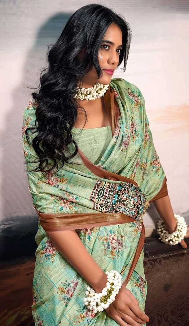 Cotton Silk Printed Casual Wear Saree In Mint Green - 10691195501